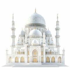 Obraz premium 3D rendering of a white mosque, isolated on white background, side and front views