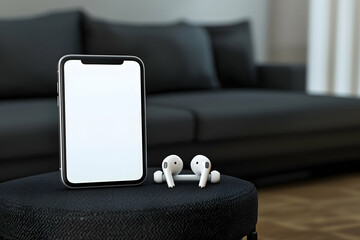3D render of a blank smartphone screen on a side table, with AirPods and a modern sofa nearby.