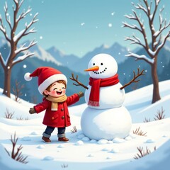 Child Building a Snowman in a Winter Wonderland