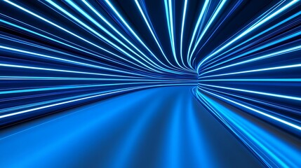 Abstract blue neon light tunnel. Futuristic technology background.