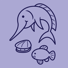 Lineart outline Sea Animal in cute colorful design for kids and education