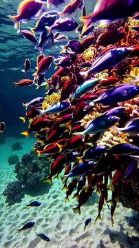 Sea underwater perspective, vibrant coral reef with flowing current above, bright colors with high saturation. Vertical video backgrounds
