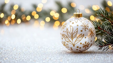 Elegant White and Gold Christmas Ornament on Glittering Festive Background