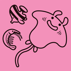 Lineart outline Sea Animal in cute colorful design for kids and education