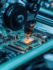 Robot arm assembling components on a motherboard in a high-tech electronics factory, showcasing automation and precision in modern manufacturing processes.