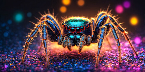 Vibrant Jumping Spider on Glittering Surface