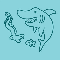 Lineart outline Sea Animal in cute colorful design for kids and education