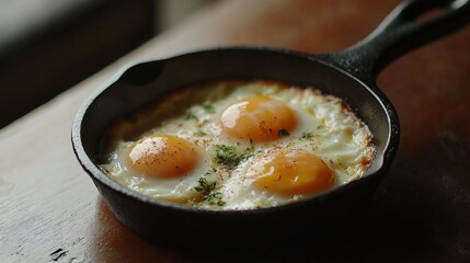 Three sunny side up eggs cooking in a cast iron skillet on a rustic wooden table in a bright kitchen