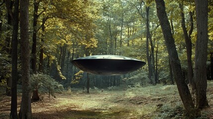 Mysterious flying object hovers above a forest clearing during autumn