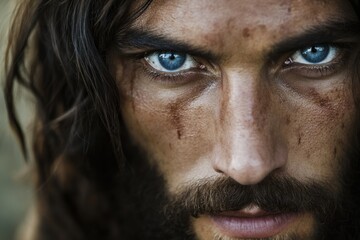 Obraz premium Intense Gaze: A Close-Up Portrait of a Man with Striking Blue Eyes