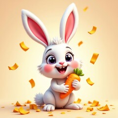 Fototapeta premium Cute Easter Bunny Holding Carrot, Confetti Around