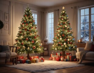 Snowy Christmas tree decorated with ornaments and lights in a cozy living room, holiday decorations, winter decor, cozy homes