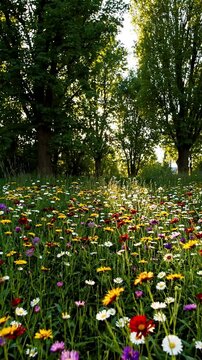 wildflowers with towering trees in the background, earthy greens and pops of floral color, dappled sunlight through leaves, whimsical and natural. Vertical video backgrounds
