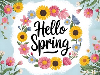 Whimsical Spring Floral Wreath with "Hello Spring" Greeting.