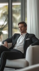 Sitting comfortably in a stylish armchair, a relaxed caucasian male dressed in formal attire gazes thoughtfully out the window, enjoying the serene atmosphere and soft sunlight filling the room
