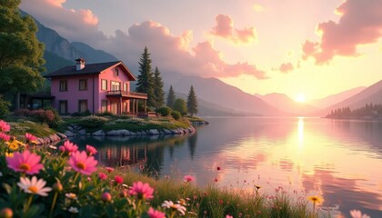 Fototapeta premium Villa on a Lake’s Edge Adorned with Vibrant Pink Flowers, Featuring a Close-Up View of Delicate Petals with Majestic Mountains in the Background