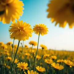 Obraz premium dandelions on blue sky background, field of yellow dandelions, meadow with yellow flowers, field of yellow flowers
