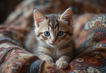 a cute kitten in a vintage blanket