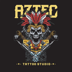  Vector Illustration of Astec Skull with Tattoo Machine in Detailed Vintage Illustration Available for Tshirt Design
