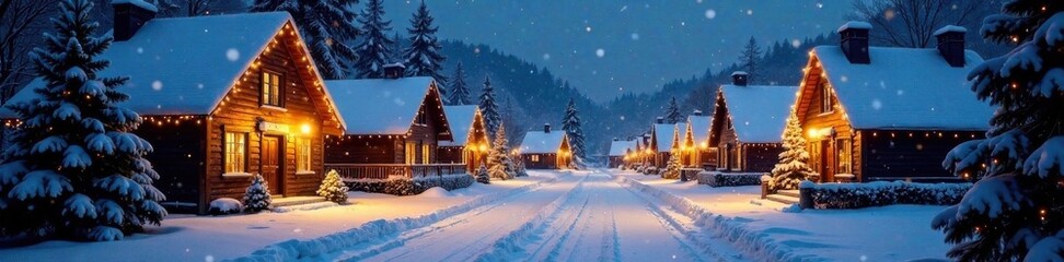 Snowy winter village scene at night with Christmas lights and decorations, lights, snowy, village