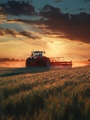 Obraz premium Red tractor spraying a field at sunset.
