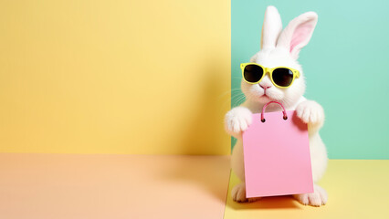 Obraz premium White rabbit wearing yellow sunglasses holding a pink shopping bag on a pastel yellow and mint green background. Easter shopping and gift concept. Copy space for design and print