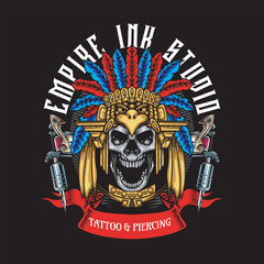  Vector Illustration of Astec Skull with Tattoo Machine in Detailed Vintage Illustration Available for Tshirt Design