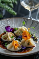 Elegant presentation of gourmet dumplings adorned with flowers in a fine dining setting