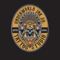  Vector Illustration of Astec Skull with Tattoo Machine in Detailed Vintage Illustration Available for Tshirt Design