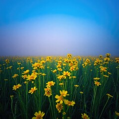 Obraz premium dandelions on blue sky background, field of yellow dandelions, meadow with yellow flowers, field of yellow flowers