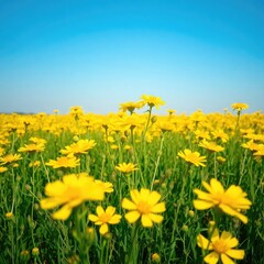 Fototapeta premium dandelions on blue sky background, field of yellow dandelions, meadow with yellow flowers, field of yellow flowers