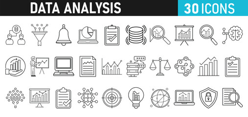 Data analysis Icons set. Data analytics icons for web and mobile app. Data process, Graphs, traffic analysis, research, chart, statistics, analytics, performance.
