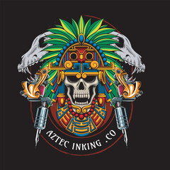  Vector Illustration of Astec Skull with Animals Skulls and Tattoo Machine in Detailed Vintage Illustration Available for Tshirt Design