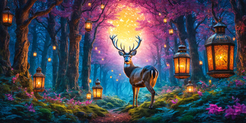 Enchanting Deer in a Magical Forest with Lanterns