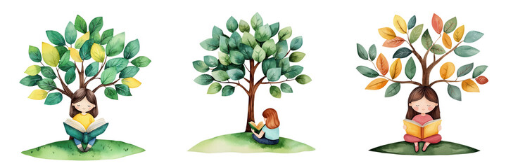 Girl reading under tree, enjoying nature beauty. , isolated on transparent background