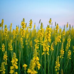 dandelions on blue sky background, field of yellow dandelions, meadow with yellow flowers, field of yellow flowers