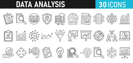 Data analysis Icons set. Data analytics icons for web and mobile app. Data process, Graphs, traffic analysis, research, chart, statistics, analytics, performance.