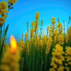 dandelions on blue sky background, field of yellow dandelions, meadow with yellow flowers, field of yellow flowers