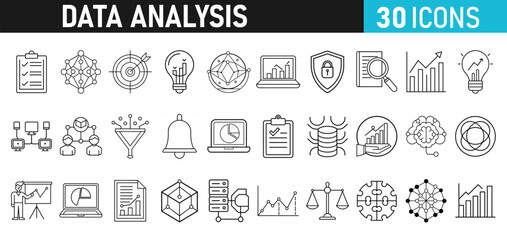 Data analysis Icons set. Data analytics icons for web and mobile app. Data process, Graphs, traffic analysis, research, chart, statistics, analytics, performance.