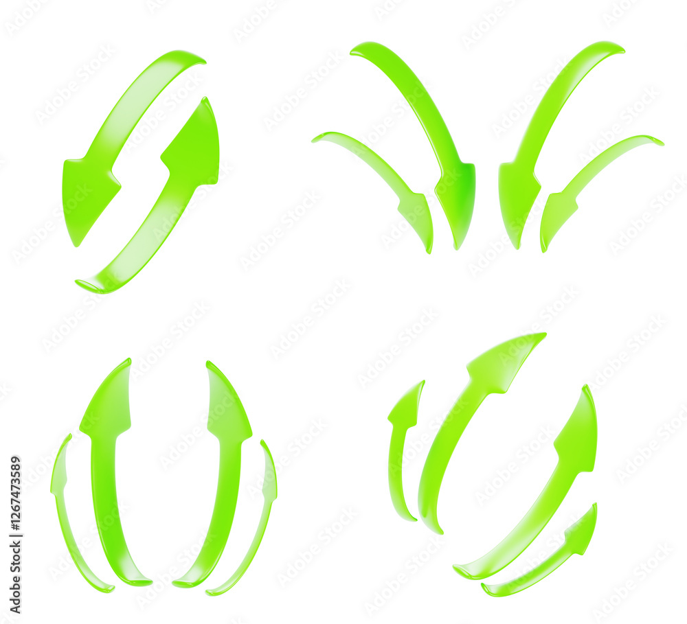 Poster 3d set of green curve arrows isolated render icon. realistic glossy direction pointer up, down. doub