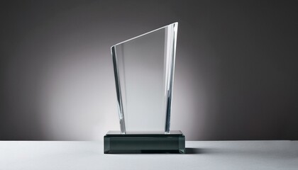 empty acrylic glass trophy mockup for business celebration and branding on footed grey background