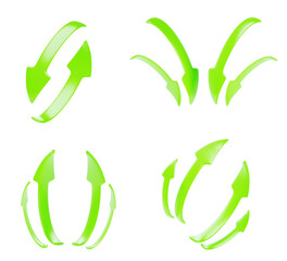 3d set of green curve arrows isolated render icon. Realistic glossy direction pointer up, down. Double, circular symbol for navigation, infographic, business and finance, recycle sign. 3D illustration