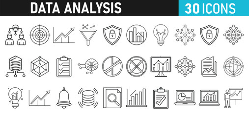 Data analysis Icons set. Data analytics icons for web and mobile app. Data process, Graphs, traffic analysis, research, chart, statistics, analytics, performance.