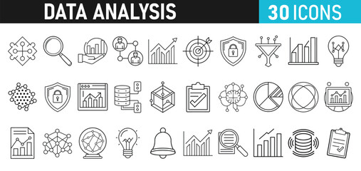 Data analysis Icons set. Data analytics icons for web and mobile app. Data process, Graphs, traffic analysis, research, chart, statistics, analytics, performance.