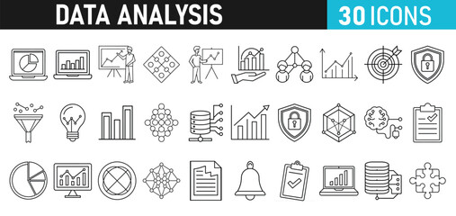 Data analysis Icons set. Data analytics icons for web and mobile app. Data process, Graphs, traffic analysis, research, chart, statistics, analytics, performance.