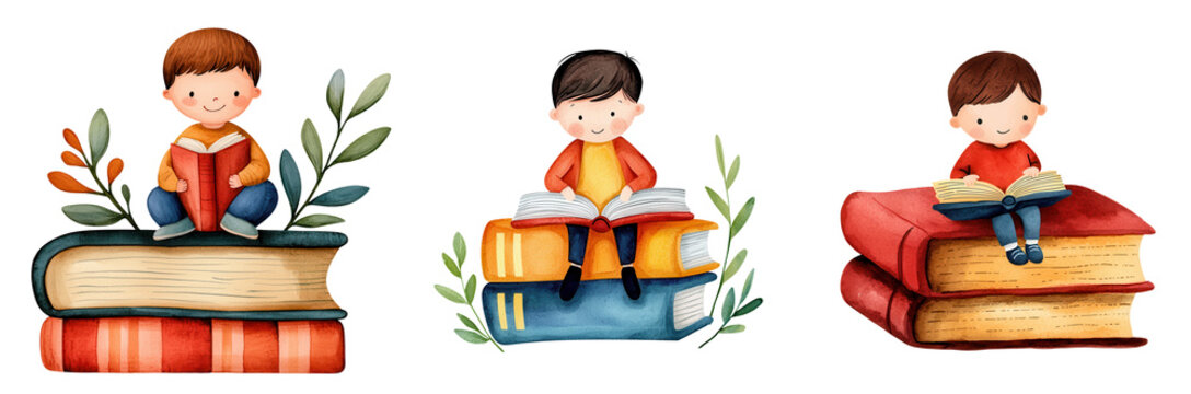 Boy sitting on giant books, enjoying reading and learning. , isolated on transparent background - Powered by Adobe