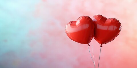 Red heart-shaped balloons float against a soft pastel background on a sunny day in a festive celebration setting