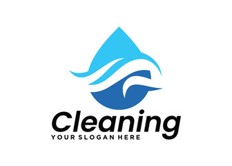 Cleaning service design with water drops and waves isolated on white background