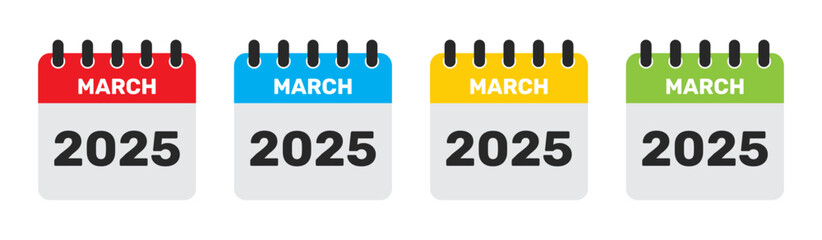 March 2025 Calendar Icon Set - Red, Blue, Yellow, Green