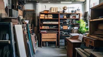 A vintage workshop filled with wooden shelves tools and antique furniture creating a nostalgic and rustic workspace atmosphere


